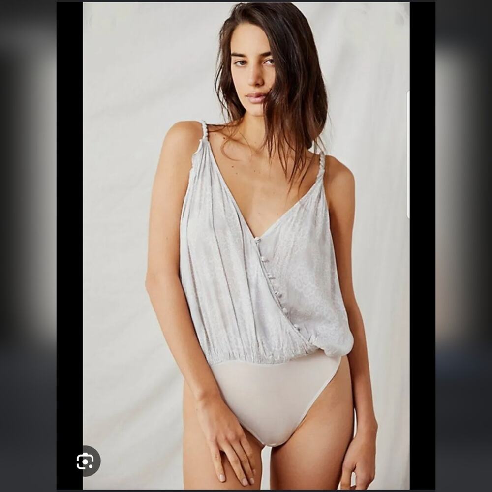Free People Siren Song Silver Leopard Print Deep V Bodysuit NWT